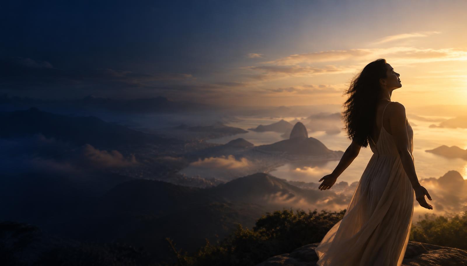 Mulher serena diante de um horizonte que se abre em luz