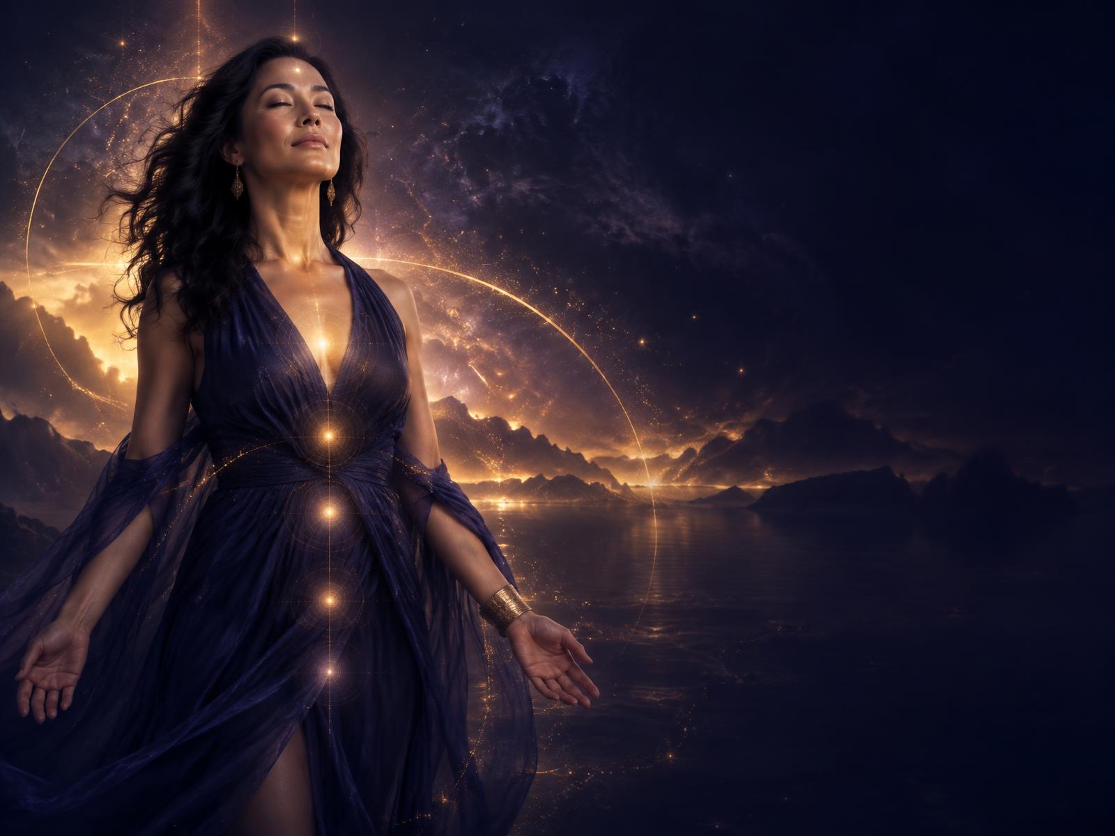 Mulher em plenitude envolvida por luz dourada e energia alinhada